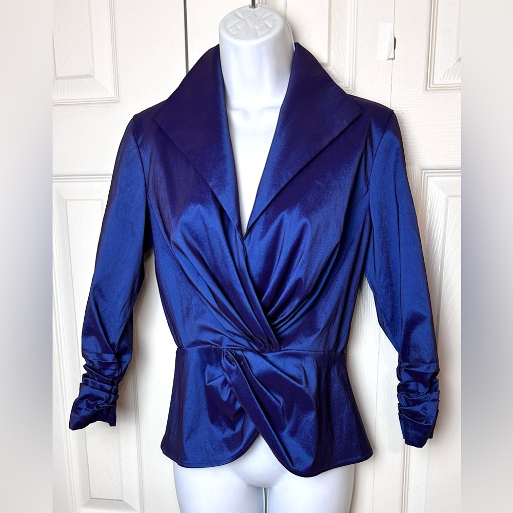 TADASHI SHOJI Taffefta Blouse Iridescent Royal Blue Purple Gathered Ruched Top